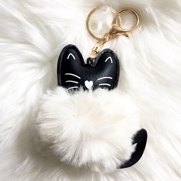 Fluffy Soft Black Cream Kitty Cat Keychain / Charm - Picture 2 of 4